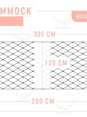 Heaven Hammock product diagram showing dimensions, knot space, and 180 kg weight capacity.