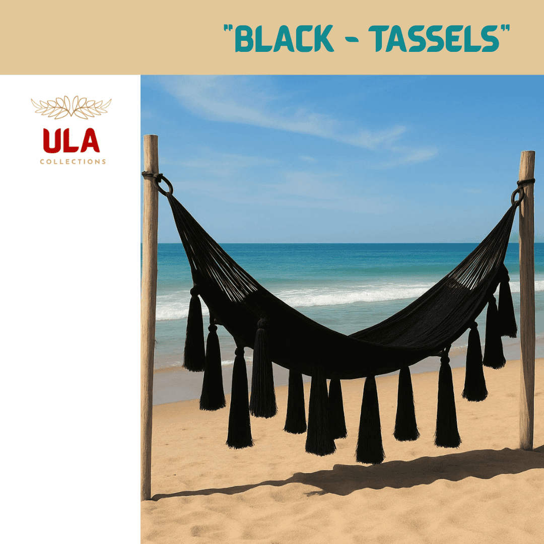 Black Hammock with Large Tassels on a sunny beach. Stylish, hand-woven hammock in solid black for a modern and chic outdoor retreat. Ideal for garden, patio, or coastal decor.