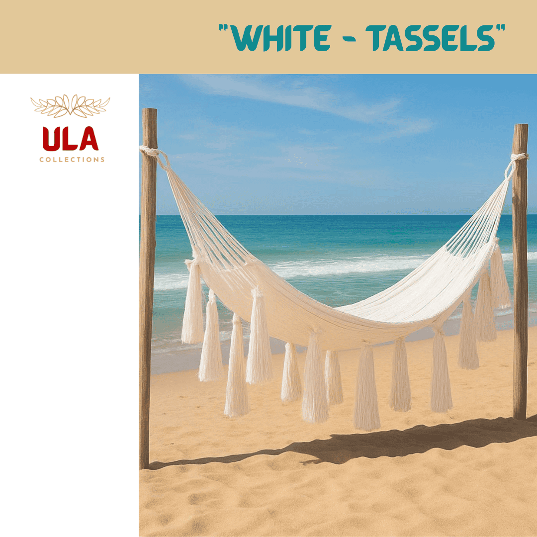 White Hammock with Large Tassels on a beach. Luxurious, hand-woven hammock in bright white for a boho, tropical look. Perfect for beach, garden, or patio lounging.
